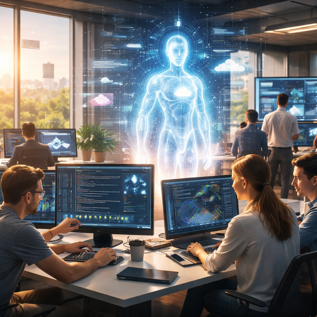 Developers collaborating with AI tools in a modern software studio