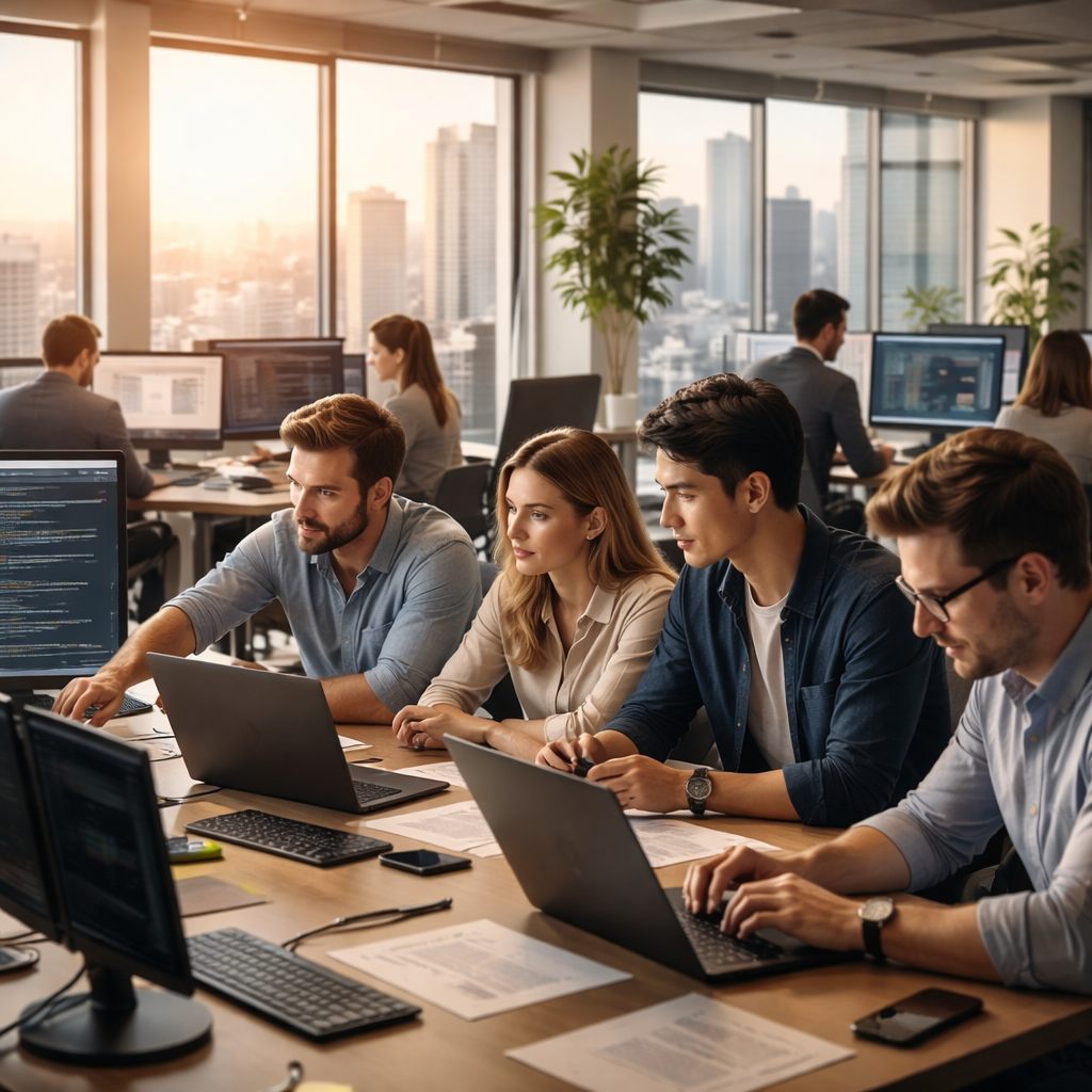 Professionals planning IT outsourcing strategy in an Australian office setting