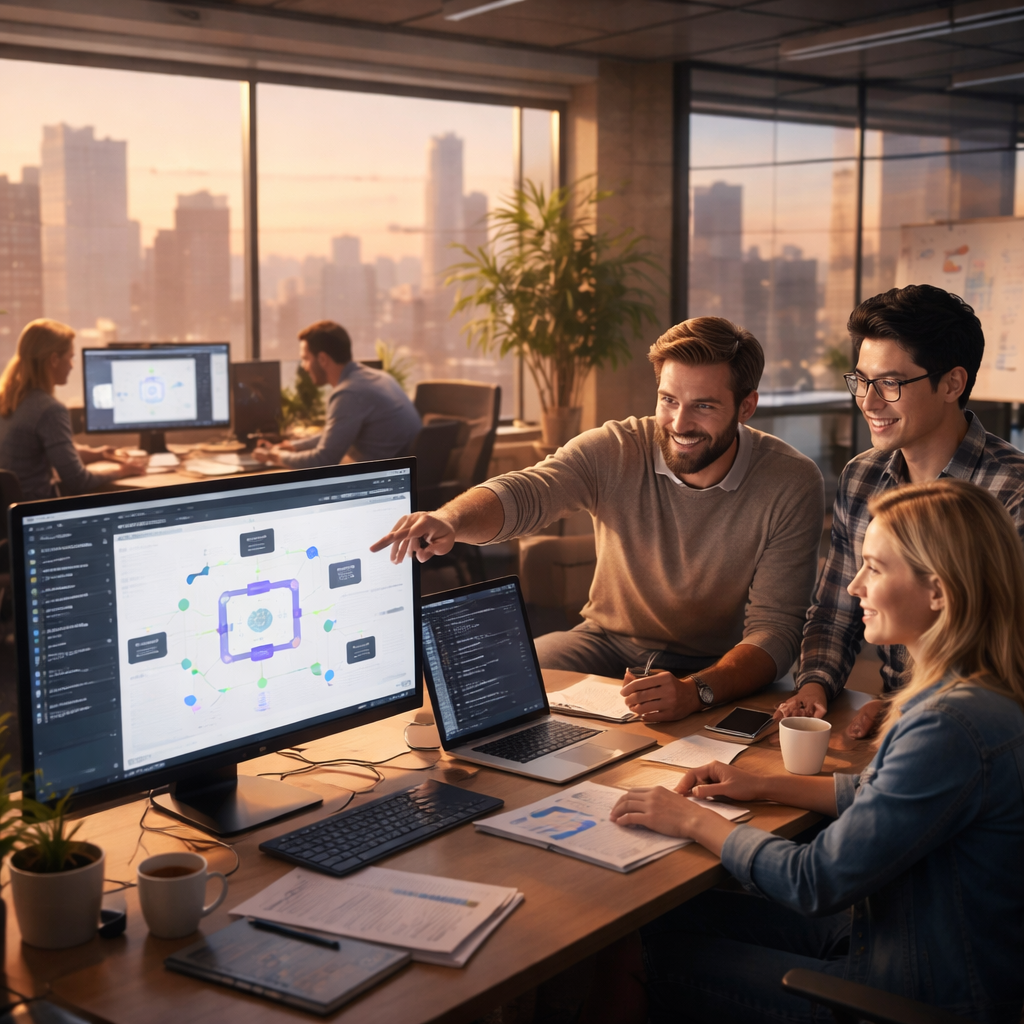 Developers collaborating on no-code AI solutions in 2026
