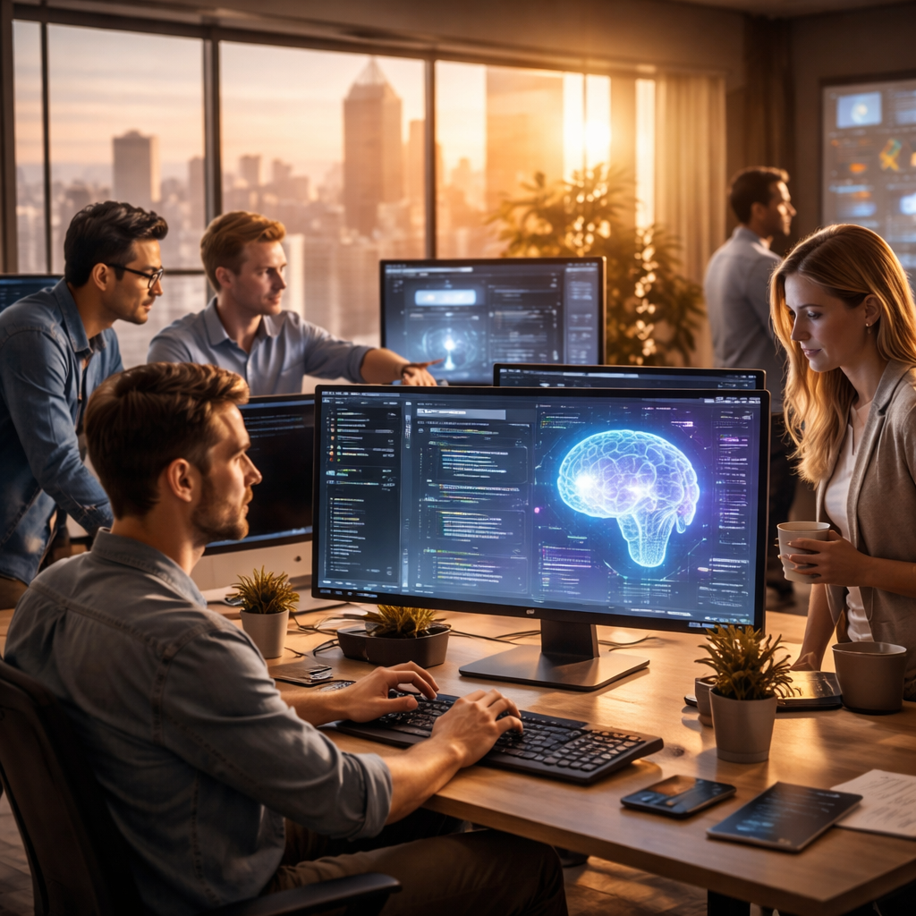 Developers using AI tools in a modern software engineering environment