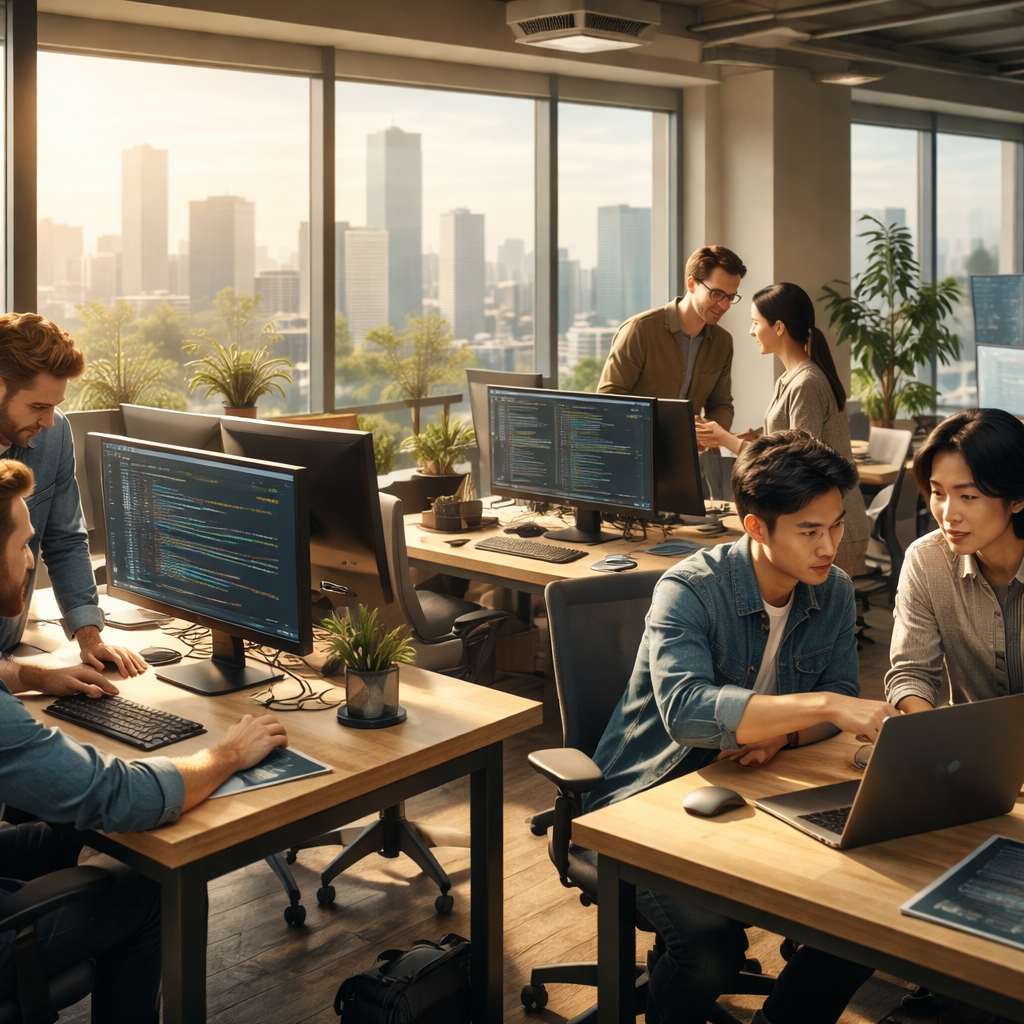Global IT outsourcing team collaborating virtually