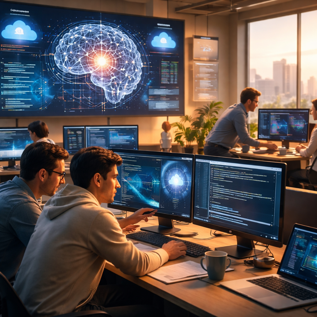 Developers collaborating with AI tools in a modern software engineering environment
