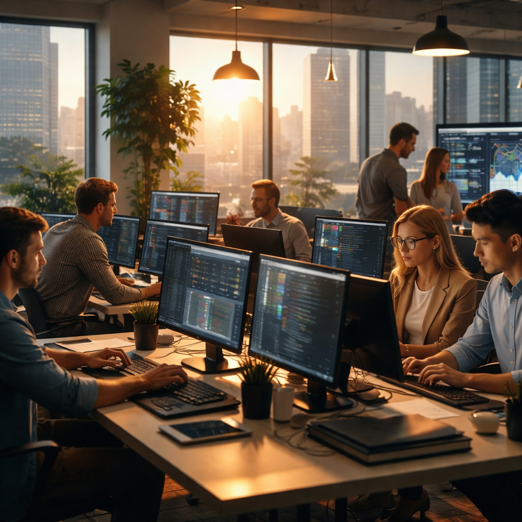 Two IT professionals in a modern Australian office reviewing an outsourcing dashboard