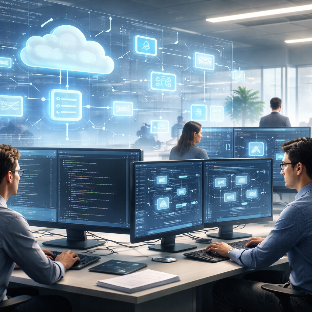 Developers collaborating on AI-driven .NET solutions in a modern cloud environment