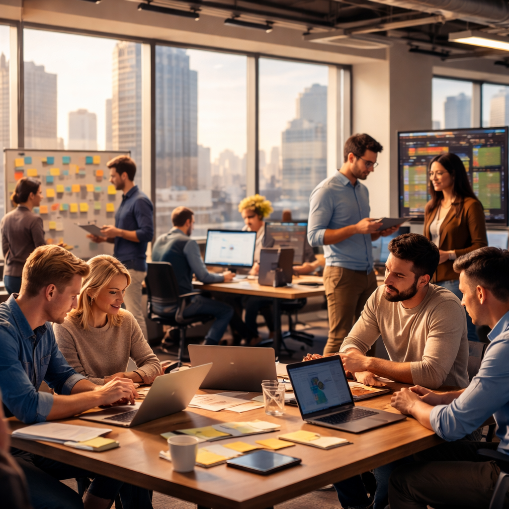 Agile IT outsourcing team collaborating on iterative project delivery roadmap for 2026 market demands