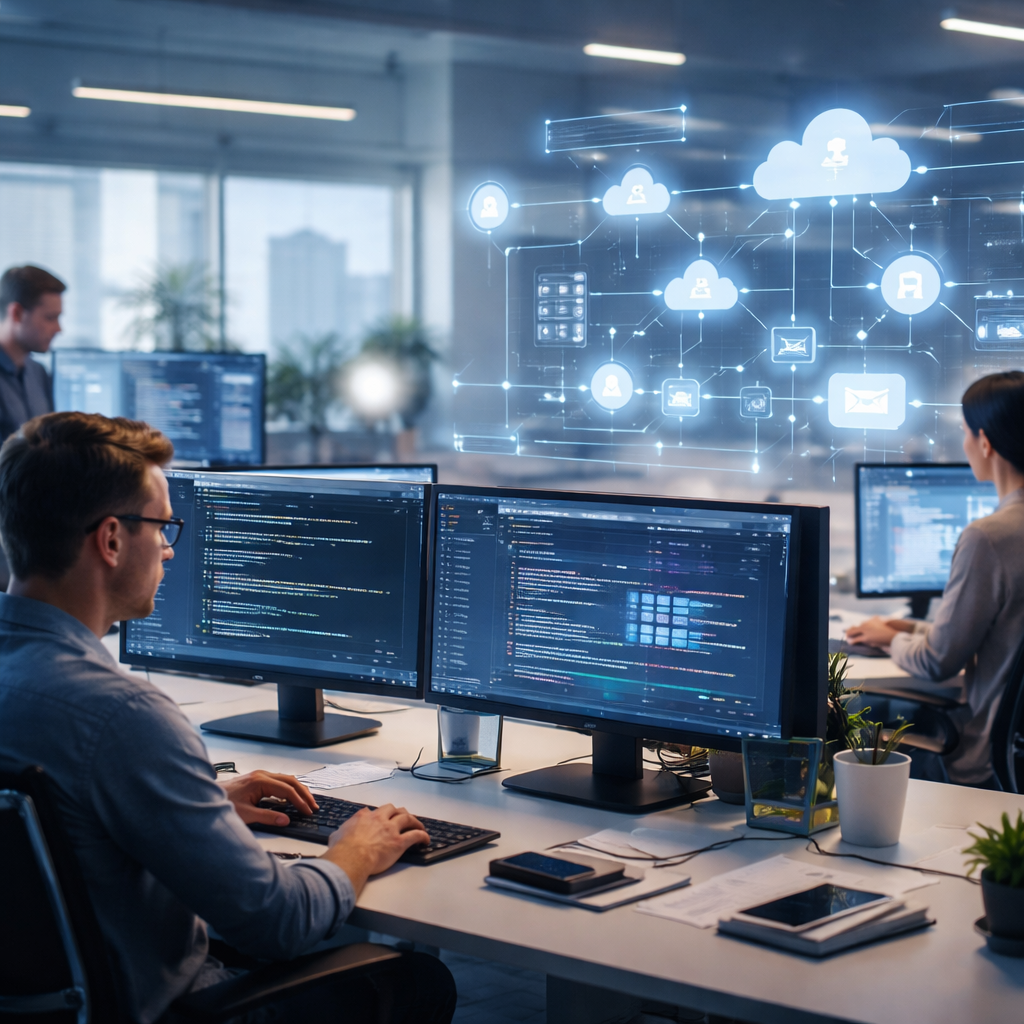 Developers using AI-powered .NET development tools to build cloud-based enterprise solutions efficiently