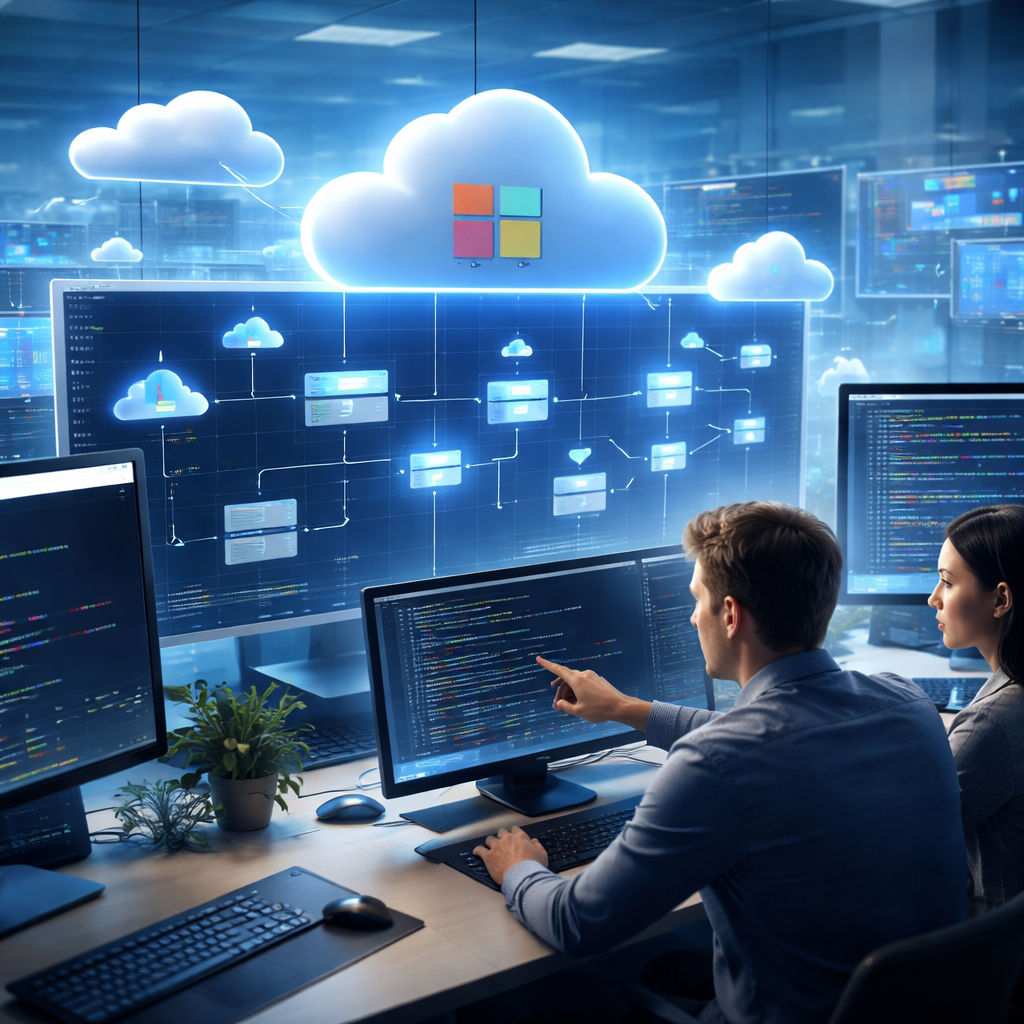 Developers designing secure cloud-native .net solutions on Microsoft Azure in a modern workspace