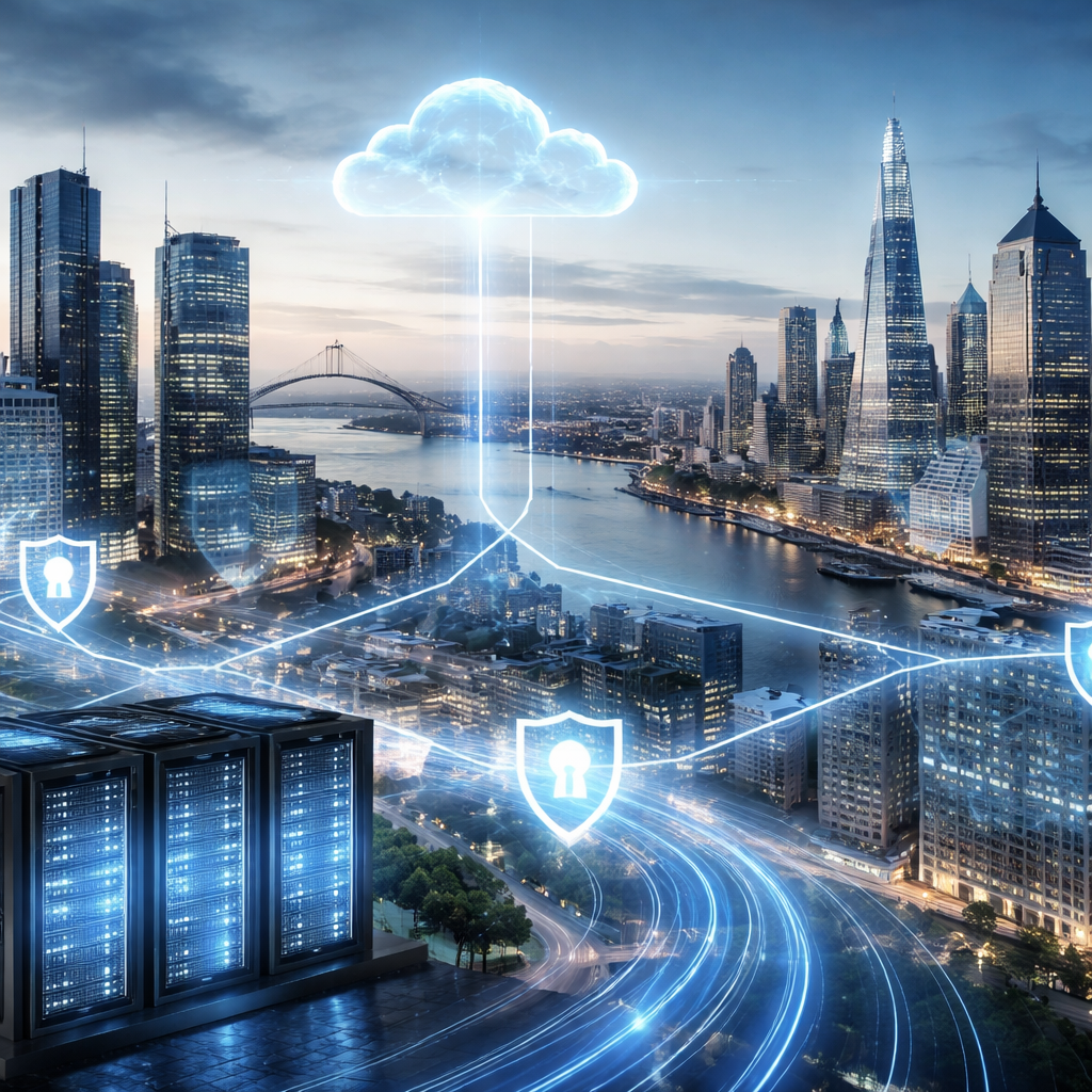 IT managed services for fintech integration dashboard showing secure cloud infrastructure and analytics