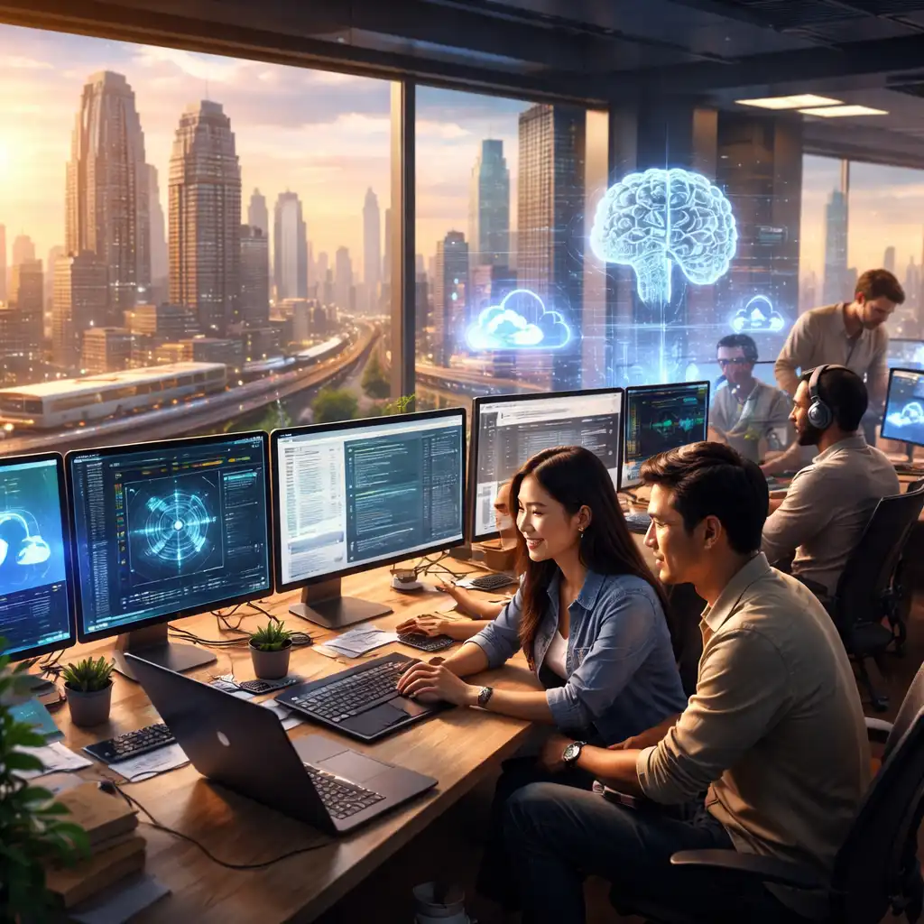 Australian DevOps engineers collaborating with AI tools to optimise intelligent software development workflows