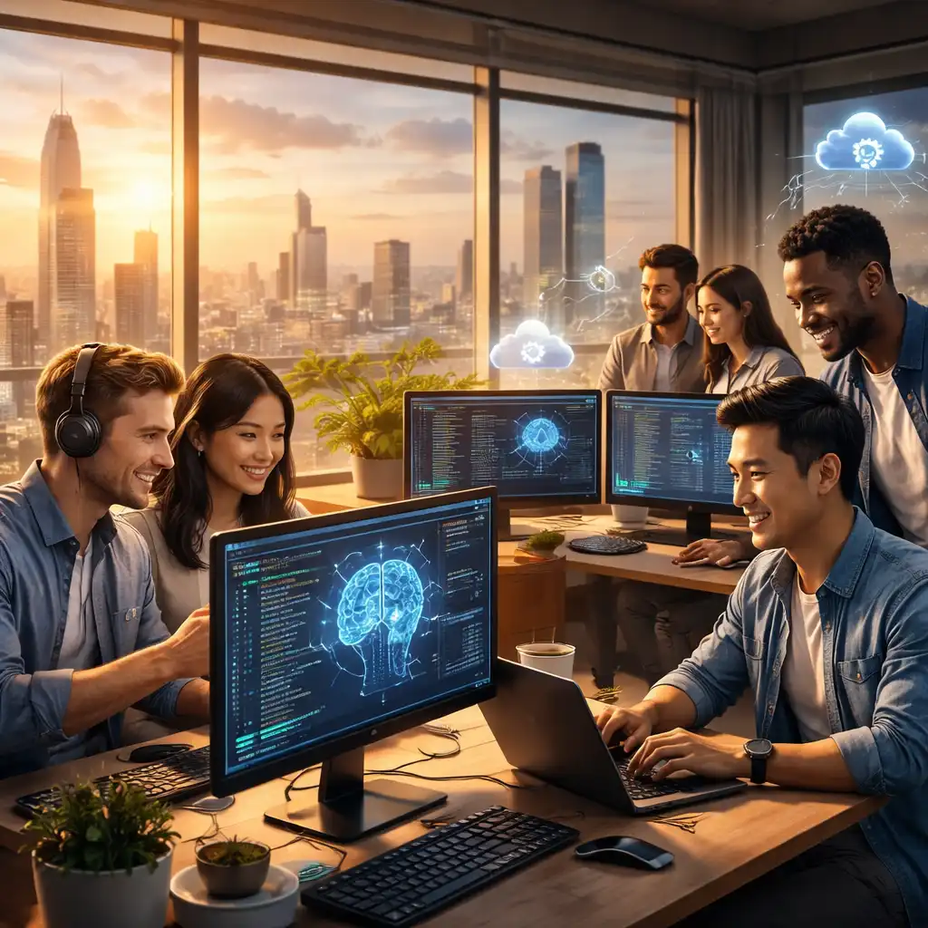Developers using AI-powered development tools in a modern 2026 software engineering workflow