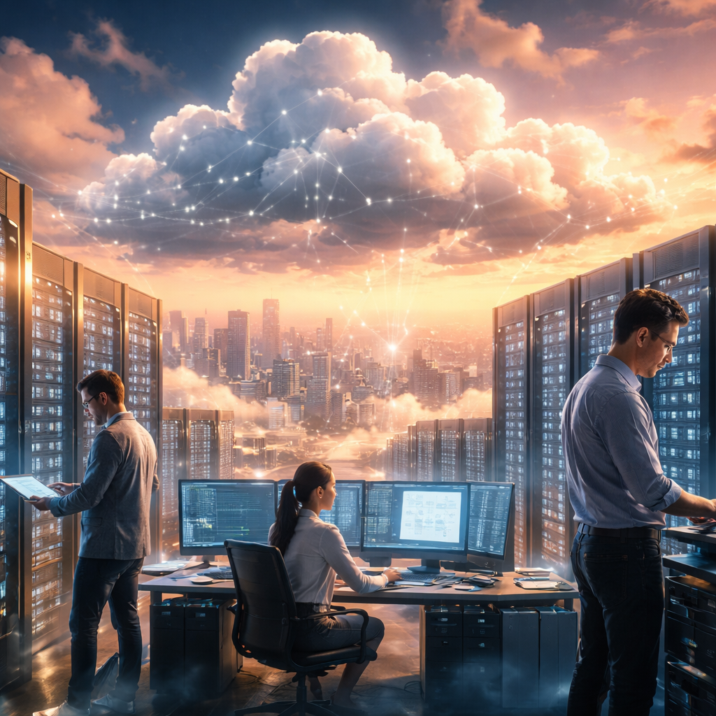 Modern cloud infrastructure services dashboard showing automated multi-cloud operations and real-time performance insights